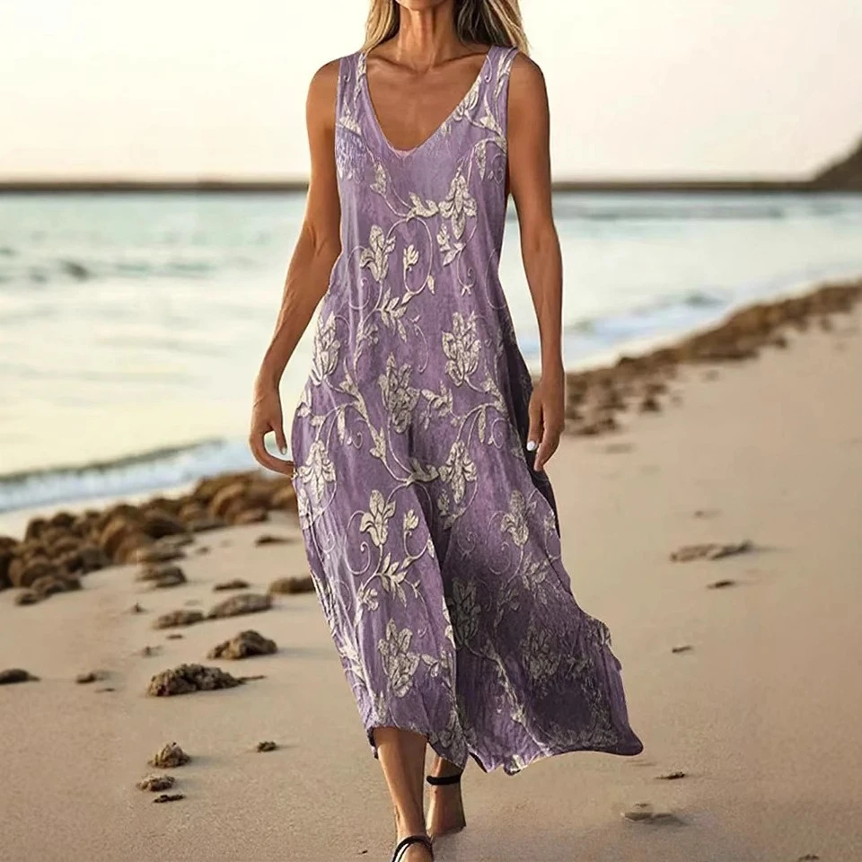 

Женские платья на бретельках с принтом, лето 2024, повседневное платье без рукавов с v-образным вырезом для отпуска, Гавайское платье на подтяжках, пляжная одежда 3XL
