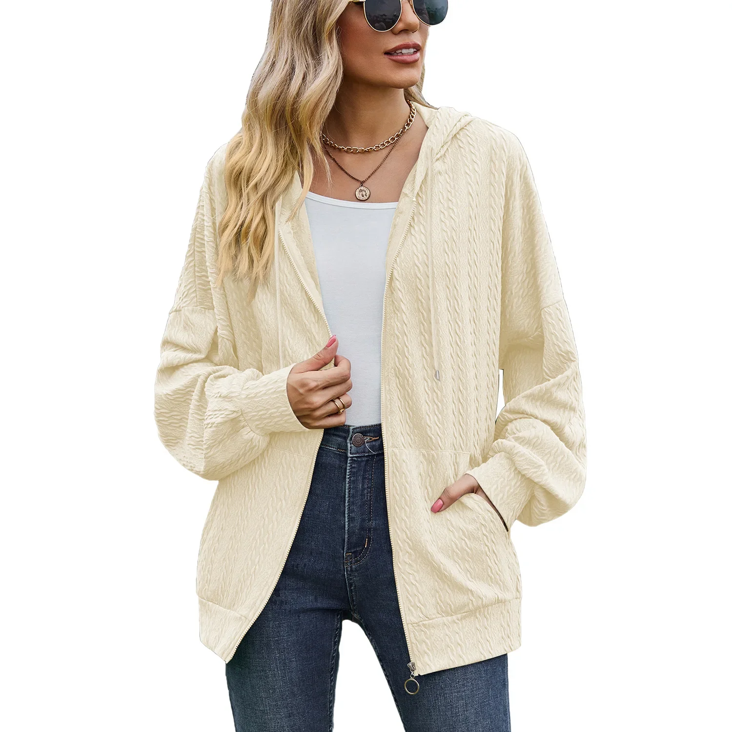 

Women Long Sleeve Hoodie Neck Zipper Cardigan Pocket Tops for Spring Solid