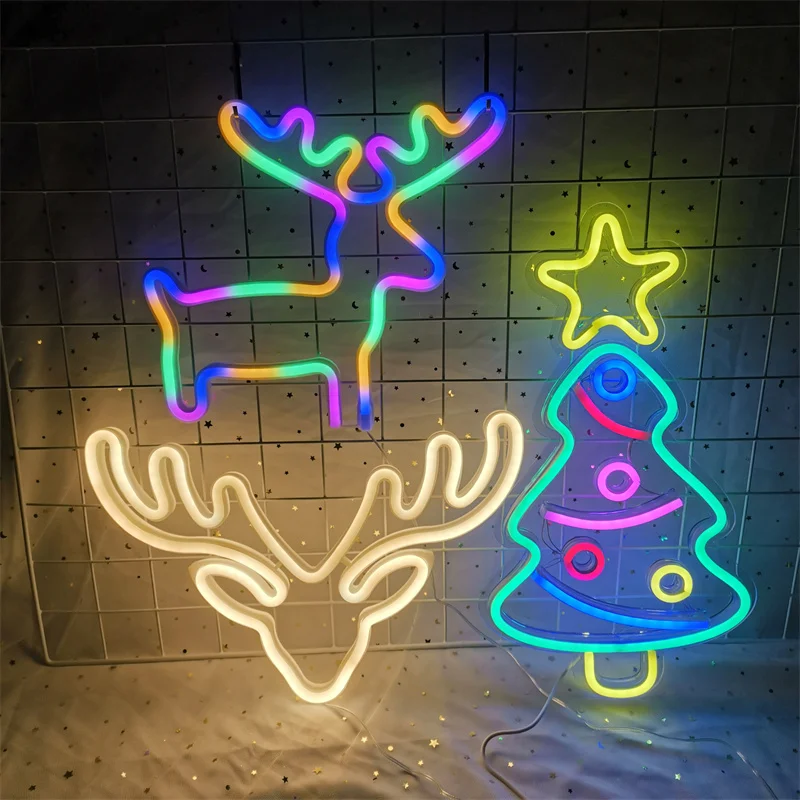 Christmas Neon Night Light Hanging Tree Decoration Lights Bells Elk Snowflake Sign Light Gift for Children USB Battery powered