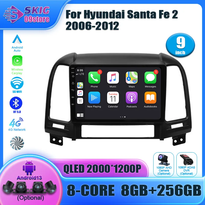 Автомагнитола для Hyundai Santa Fe 2 2006-2012, Android 13, мультимедийный видеоплеер, навигация, стерео экран, GPS, Wi-Fi, 4G Carplay, BT