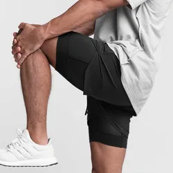 Men's Summer Gym Double-deck 2 in 1 Shorts Sport Quick Dry Breathable Jogger Short Pants Fitness Basketball Sweatpants Bottoms