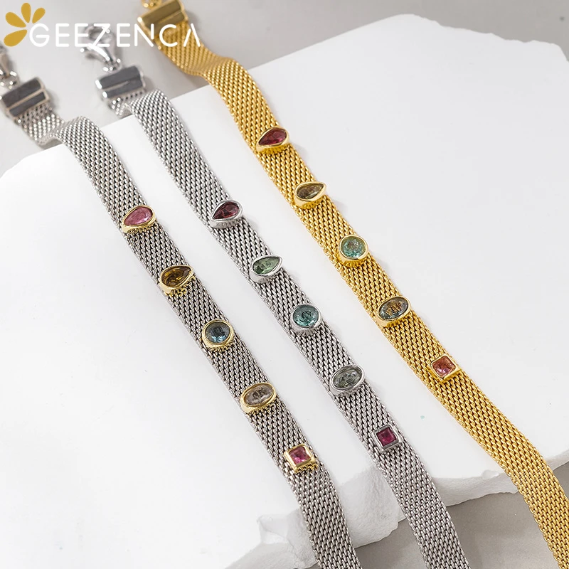 

GEEZENCA S925 Silver Natural Tourmaline Woven Chain Bracelets For Women Minimalism Chic Luxury Bracelet 2024 New Party Gift