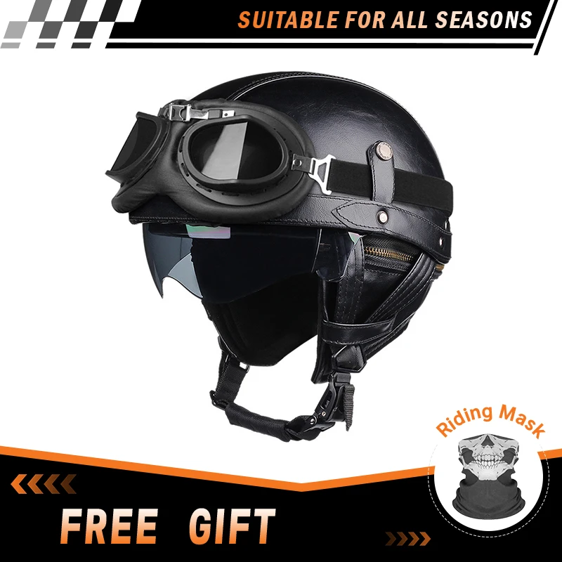 Afbeelding 5: Retro lederen half gezicht motorhelmen heren dames vintage motorfiets halve helm met bril DOT Capacete De Moto