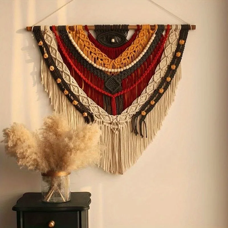 Nordic style Wall Hanging Large Tapestry Boho Hand Woven Wall Decor with Wood Beads Fringe for Home Background Decoration