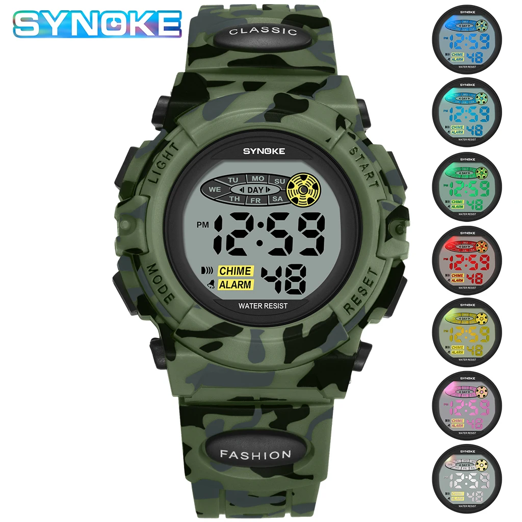 SYNOKE Student Sport Watch For Kids Colorful Electronic Watches Waterproof Clock Children Digital Watch For Boys Camouflage