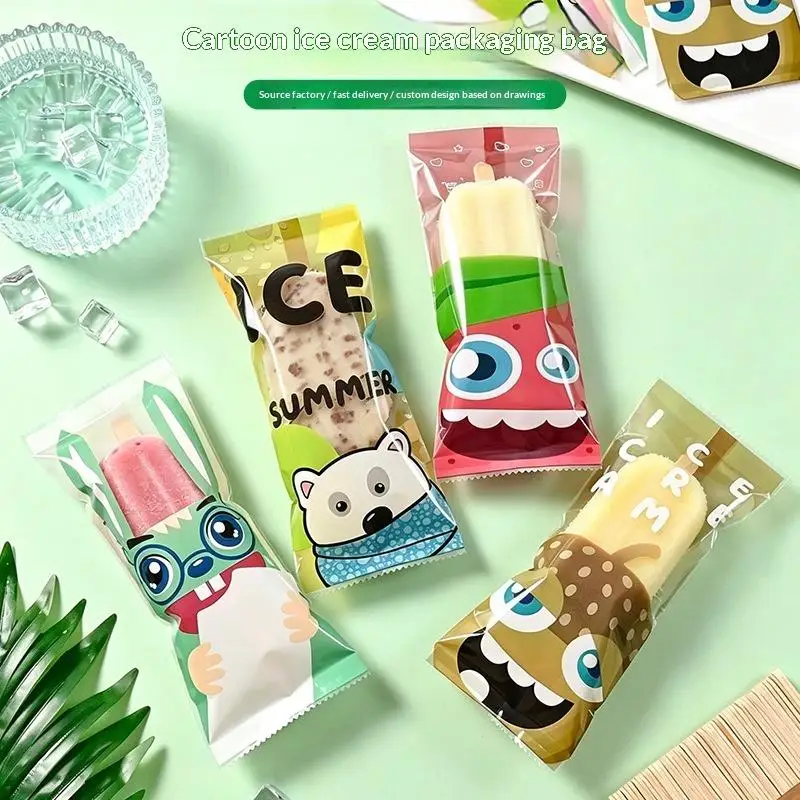 100Pcs Cartoon Ice Cream Packaging Bag Homemade Popsicle Disposable Plastic Popsicle Protective Cover Storage Sealing Bag DIY