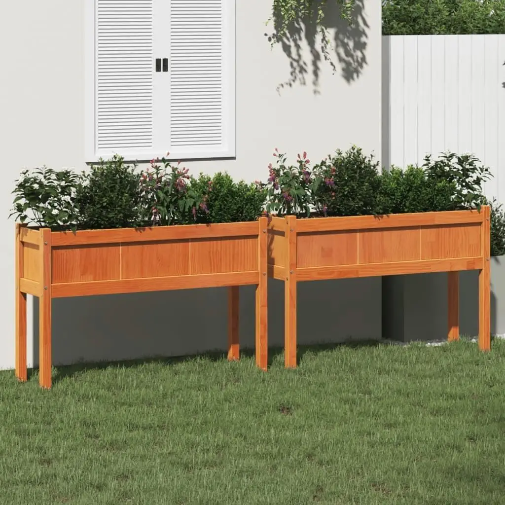 2-Pack Wax Brown Solid Wood Pine Garden Planters with Legs - Stylish Outdoor Decor