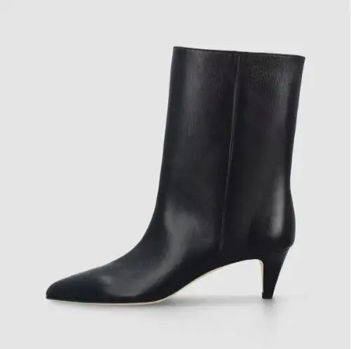 

Черные кожаные желтые замшевые ботинки до середины икры с острым носком и котенком, женские модные лаконичные современные короткие ботильоны без шнуровки