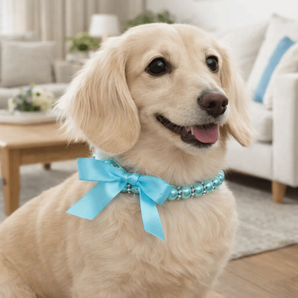 Colar de pérolas para animais de estimação, ajustável, pérola simulada, elegante, cachorro, joias, laço, fita, brilho, animal de estimação, colar de pérola simulado