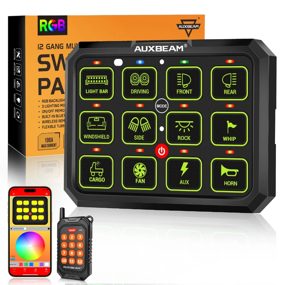 

AUXBEAM AC-1200 12 Gangs RGB LED Lights Switch Panel Upgraded bluetooth APP & Remote Control TOGGLE/ MOMENTARY/ PULSED MODE