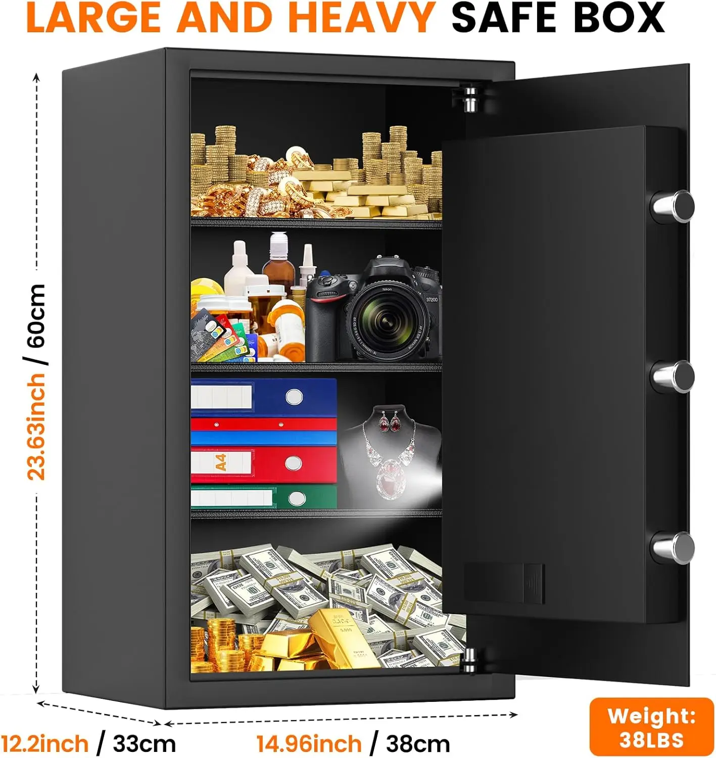 5.2 Cuft Large Fireproof Safe for Home Use, Digital Home Safes Water and Fireproof with Spare Keys and Alarm System, Anti-Theft