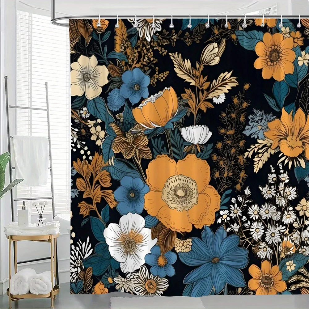 1pc Vintage Floral Garden Shower Curtain - Orange, White, Teal Flowers on Charcoal Background with Detailed Leaves, Washable Pol