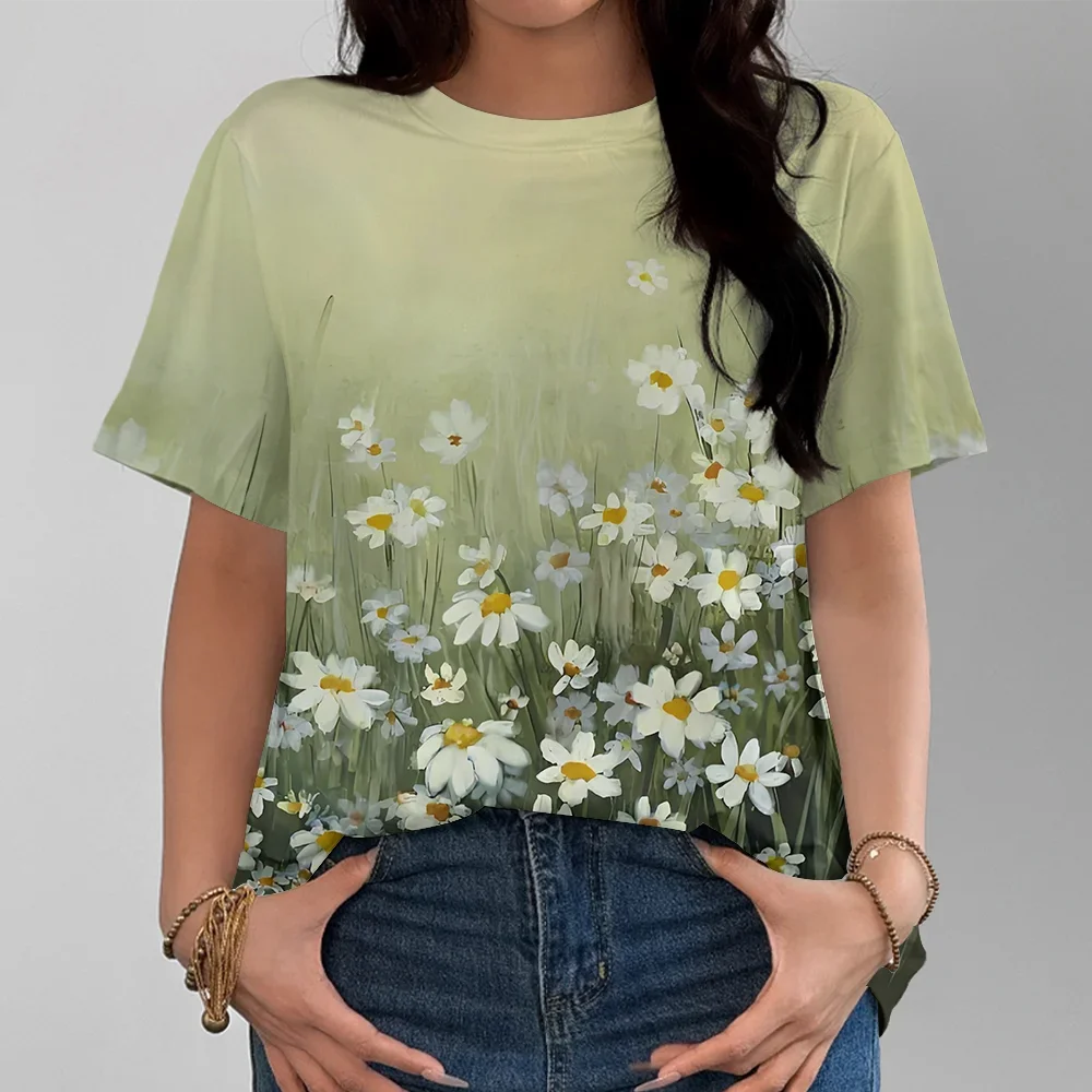 

Green Daisy Grass Printed Women's T-shirt Summer Casual Fashion Comfortable Short Sleeve Inspired by Nature Y2K Streetwear
