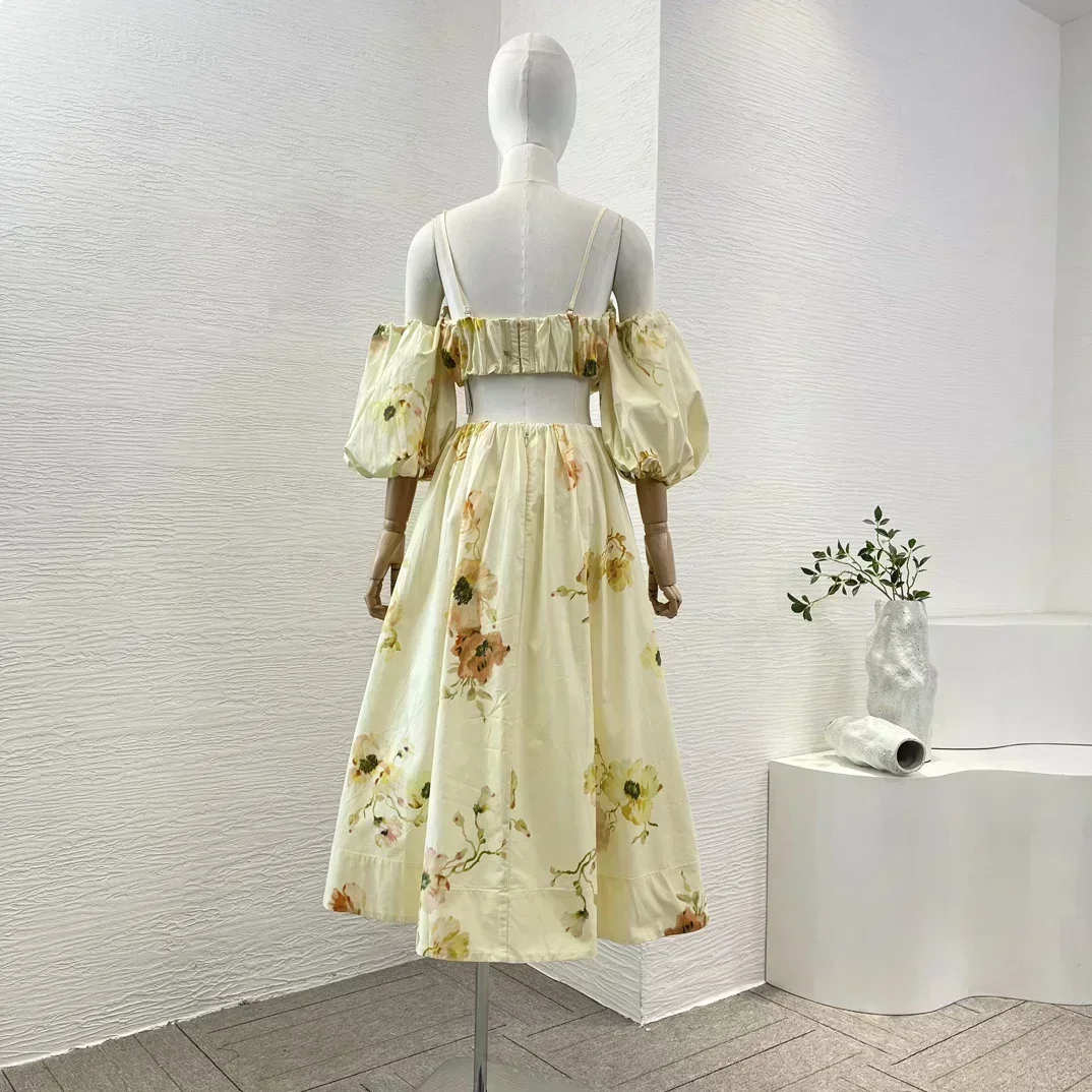 الأزرق الأزهار طباعة 2024 القطن المرأة الجديدة الصيف نصف كم عارية الذراعين أنبوب القمم وتنورة طيات عطلة مجموعة #5