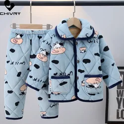 New Winter Kids Flannel Cotton-padded Thick Warm Pajamas Cartoon Lapel Pyjamas Sets Baby Boys Girls Sleepwear Clothing Home Wear