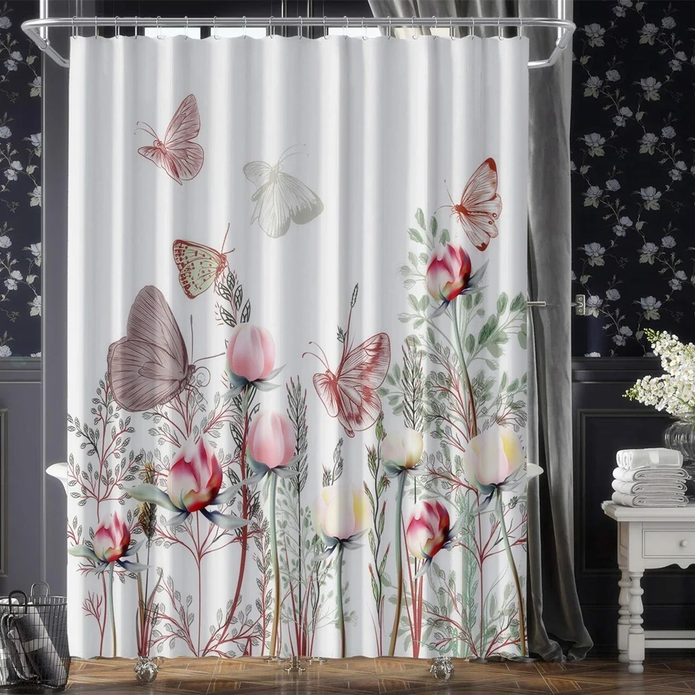 Vintage Style Butterflies and Flowers Fabric Shower Curtains for Bathroom,Leaves Botanical Spring Nature Scene Bathroom Curtains