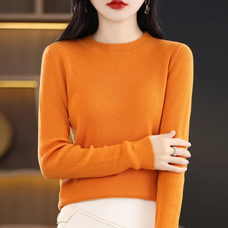 

Women's Pullover Spring/Autumn Worsted Wool Sweater Casual Solid Color Knitwear Ladies' Tops Fitted Round Neck Distressed Blouse