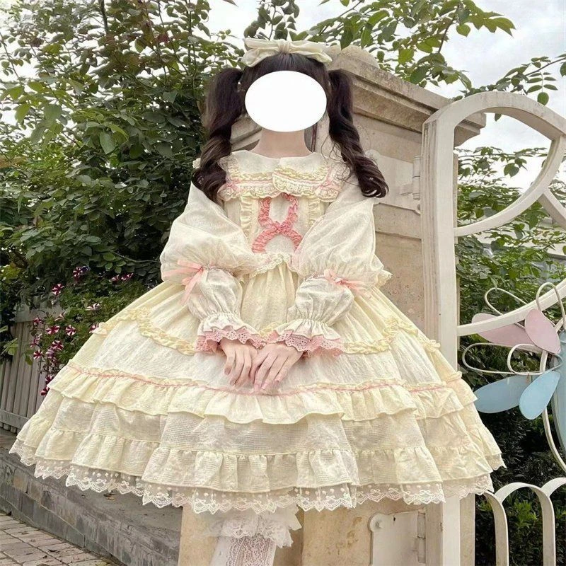 اليابانية Kawaii لوليتا نمط OP فساتين النساء الربيع الصيف الحلو القوس الكشكشة بيتر بان طوق كم طويل فساتين الأميرة 2024