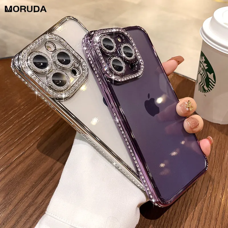 Glitter Diamond Camera Protector Case for iPhone 14 15 16 Pro Max 11 12 13 Pro Xs Max 16 15 7 8 Plus X Xr Luxury Silicone Cover