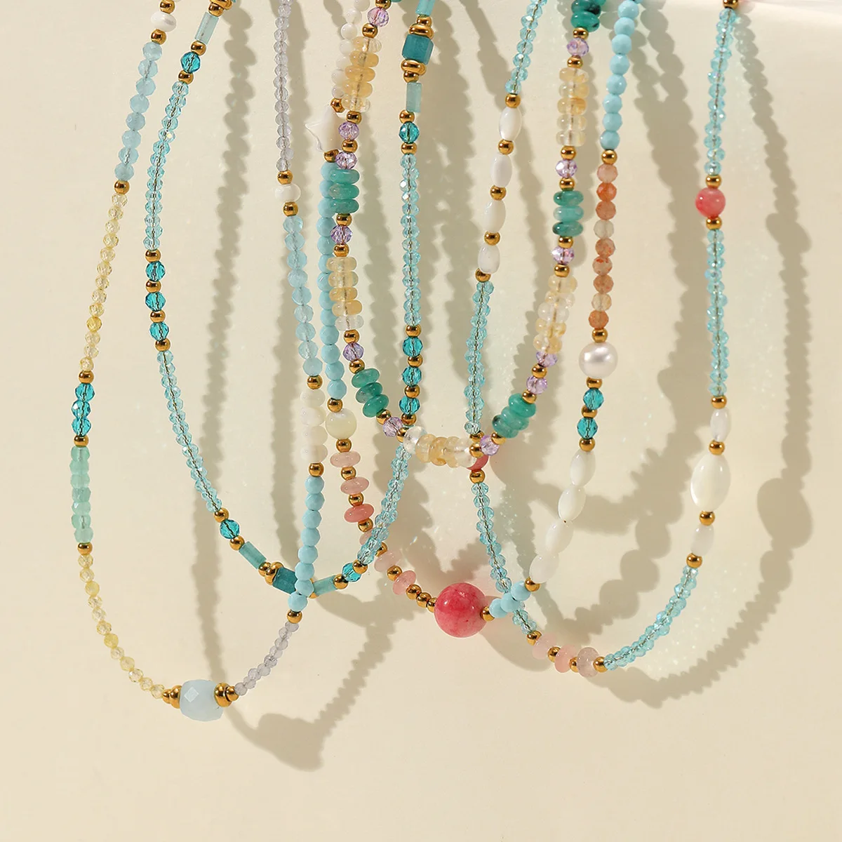 Colorful Natural Stone Handmade Beaded Necklace Choker for Women Stainless Steel  Golden Crystal Pearl Pendant  Jewelry Gifts