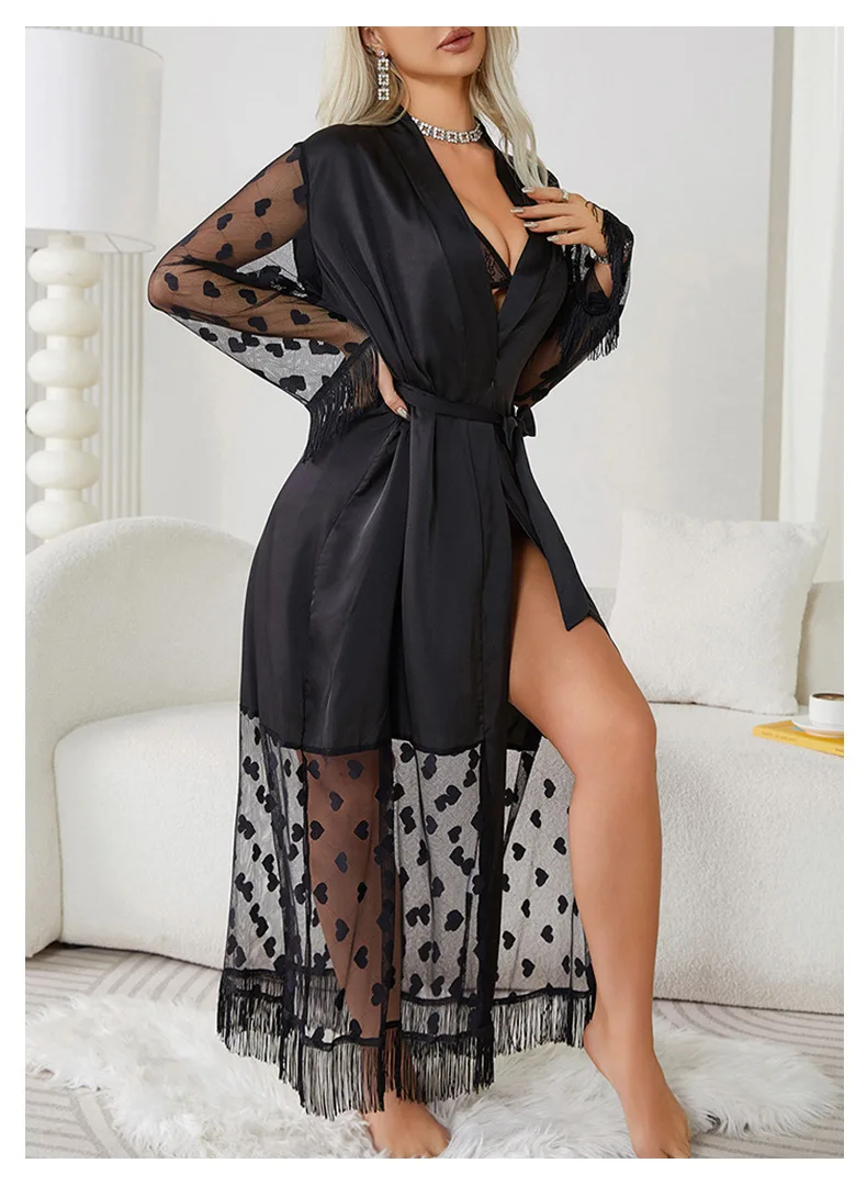 White Lace Robe Long Sleepwear Women Satin Kimono Bathrobe Gown Sexy V-Neck Nightdress Bride Wedding Dress Loose Homewear