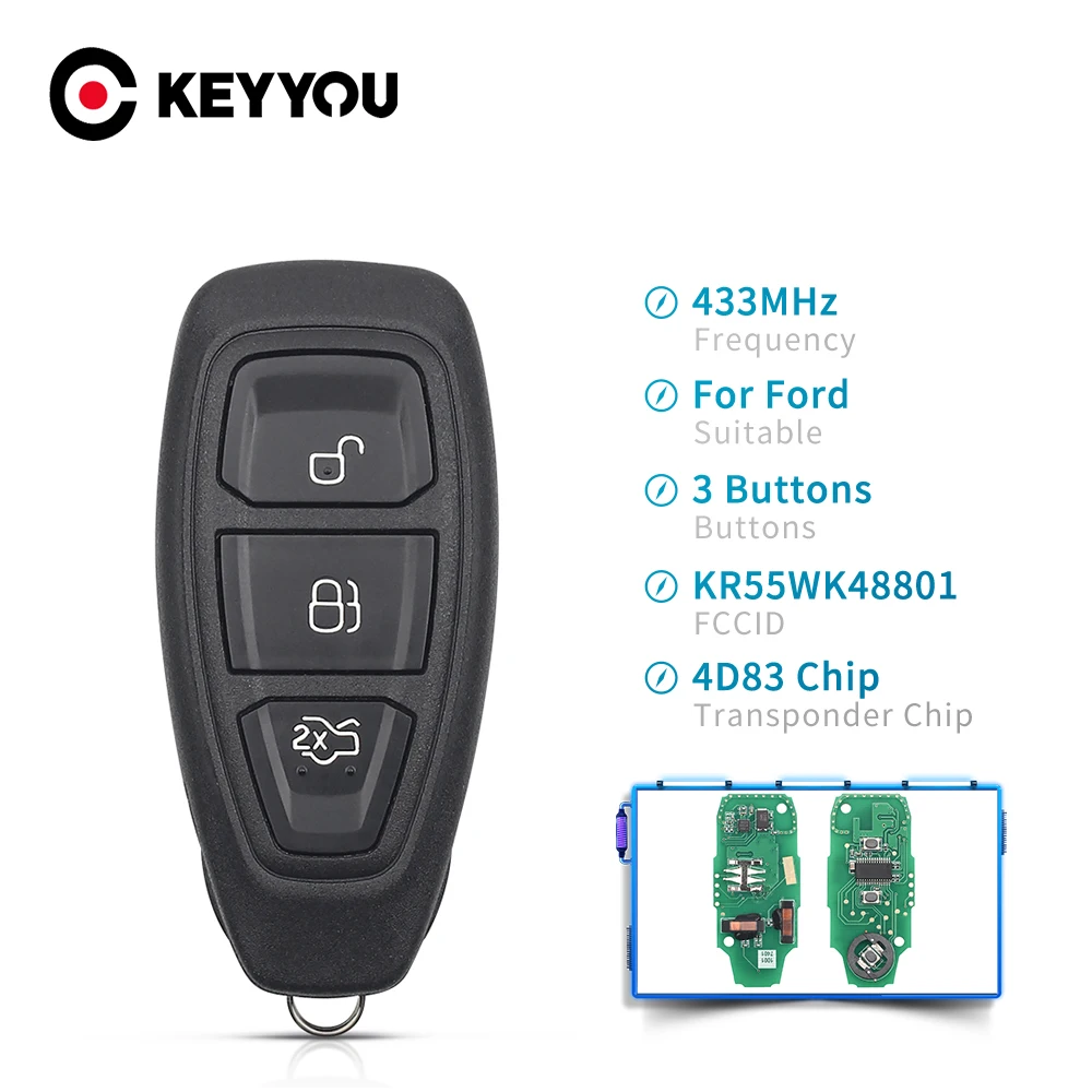 KEYYOU 3 przyciski KR55WK48801 inteligentny klucz zdalny do Ford Focus c-max Mondeo Kuga Fiesta b-max 434/433Mhz 4D63 80Bit Chip Keyless