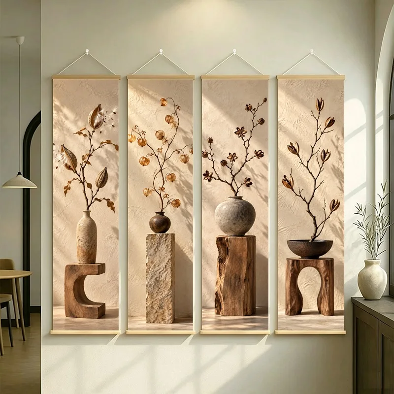 Wall Art Lily Pod and Balloon Vine Pod, Serene Wabi-Sabi Botanical Silver Shimmer Canvas Hanging Scroll for Zen Sanctuary