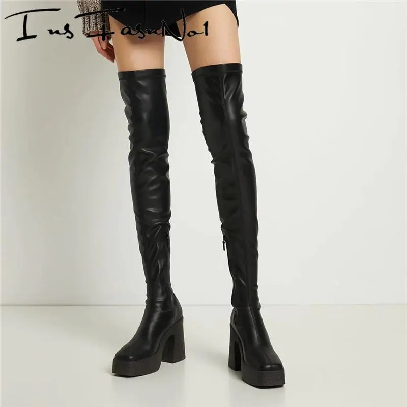 Elasruc Schwarz Oberschenkel Stiefel Plattform Hohe Ferse Über das Knie Stiefel Frauen Zip Stretch Chunky Ferse Schuhe Damen Designer Hohe heels