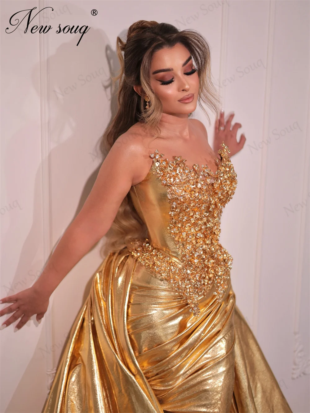 Sparkly Gold Beaded Prom Dresses Detachable Skirt Strapless Formal Occasion Dress Engagement Evening Gowns Customized Party 2026