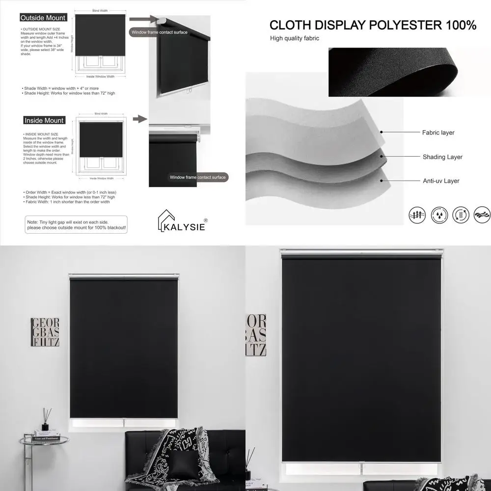 ظلال تعتيم لاسلكية 100%، سهلة التركيب، 75 ارتفاع × 41 وات، أسود، للنوافذ والأبواب