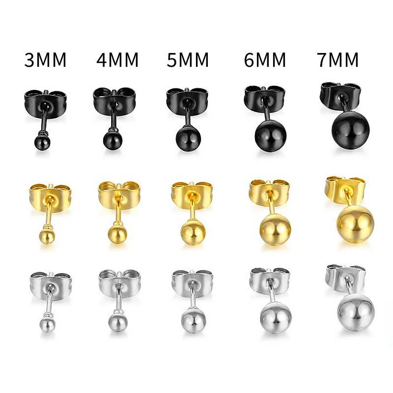 3-7mm Round Ball Multicolor Women Men Stud Earrings Stainless Steel Ear Post Stud Earrings Fashion Girls Party Jewelry Gifts