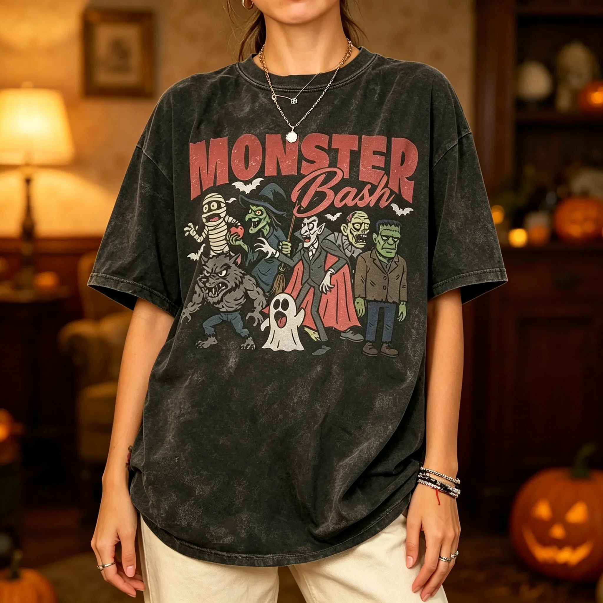 Unisex Halloween Monster Bash Graphic T Shirt Vintage Horror Character Print Short Sleeve Tee, Spooky Halloween Party Casual Top