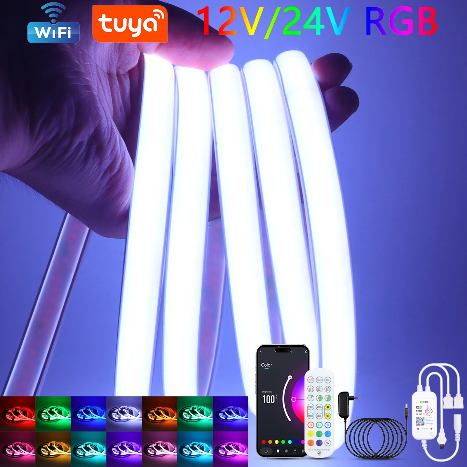 

RGB COB LED Strip Light Wifi 24Key Remote Control EU US UK AU Power Kit 12V 24V 576LEDs/m Waterproof Flex Lamp 0.5m 1m 2m 5m 10m