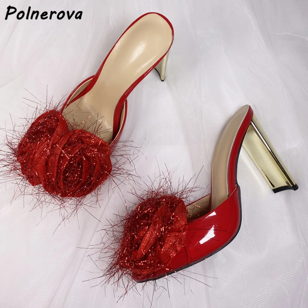 

Розовые меховые тапочки 10 см, красно-золотые слипоны на квадратном каблуке, лакированная кожа, туфли большого размера, женские летние туфли на шпильке, 2025 г.