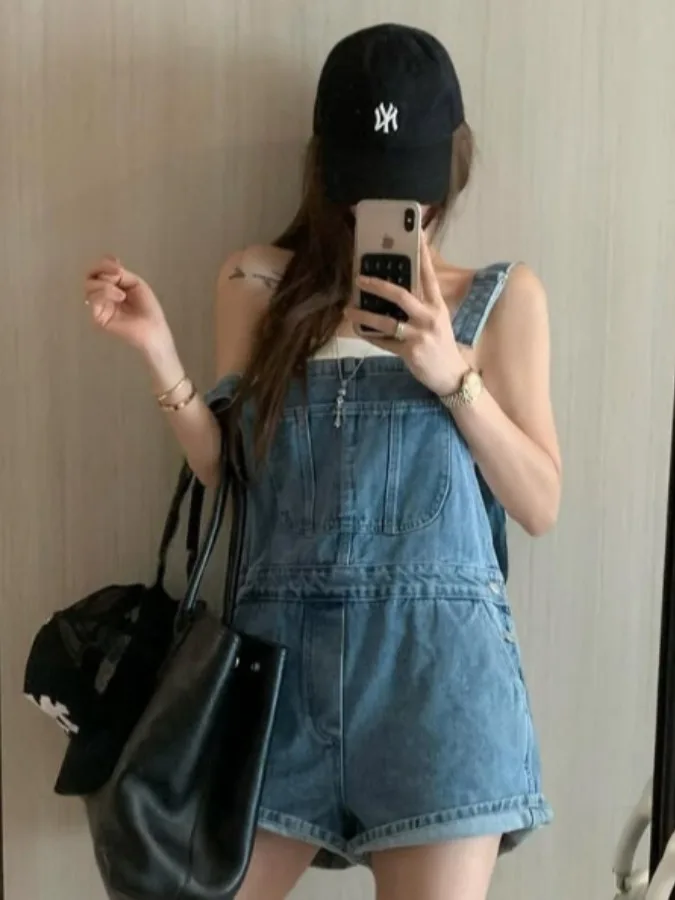 

Retro Denim Overalls Women's Summer New Sle Versatile Wide Leg Pants ort Trousers with Big kets Agel Faion