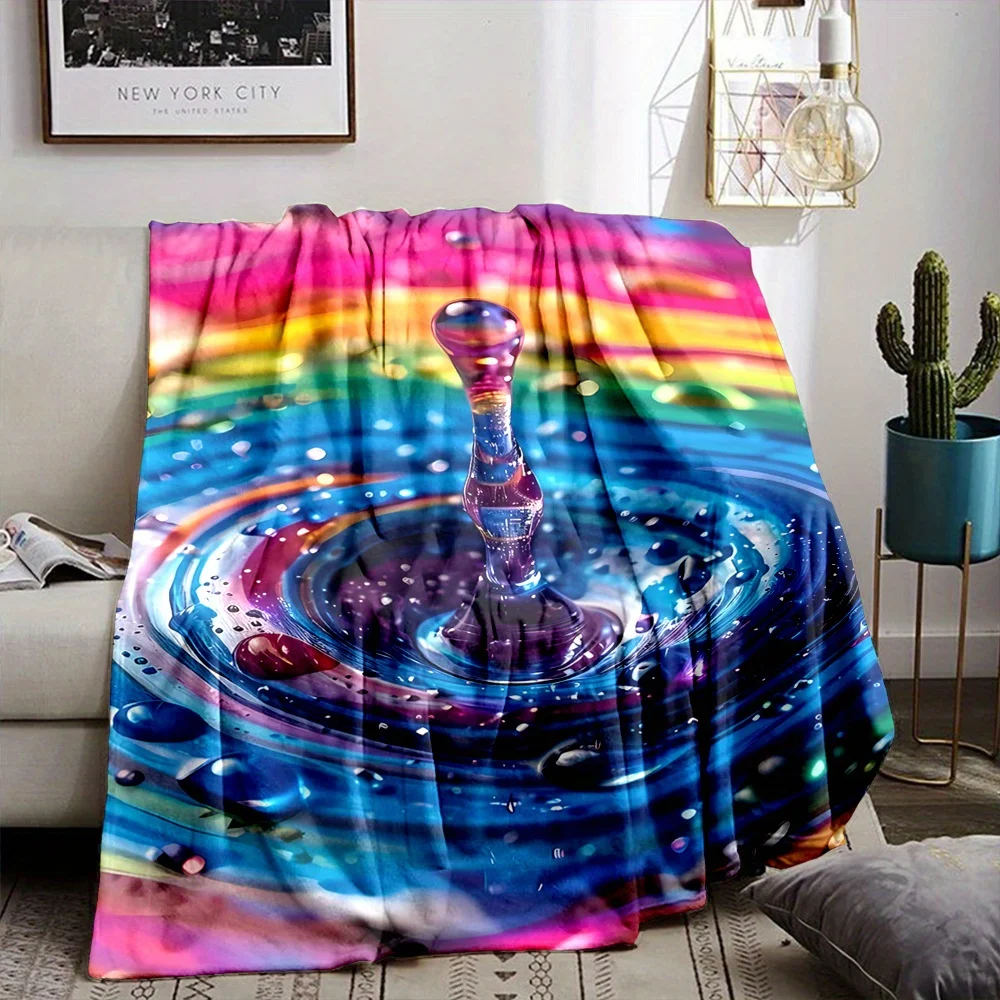 Rainbow Water Drop Throw Blanket, Abstract Art Design, Colorful Ripple Pattern for Home & Bed Decor
