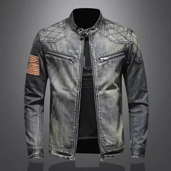 2024 new men's denim jacket trendy retro fashion casual stand-up collar zipper jacket handsome riding biker clothing denim tops