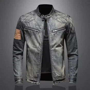 2024 new men's denim jacket trendy retro fashion casual stand-up collar zipper jacket handsome riding biker clothing denim tops