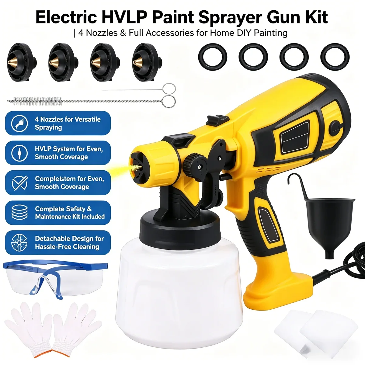 

850W Professional Electric Paint Sprayer 1400ml HVLP Spray Gun with 4 Nozzles for Home Furniture Wall Fence Painting Set