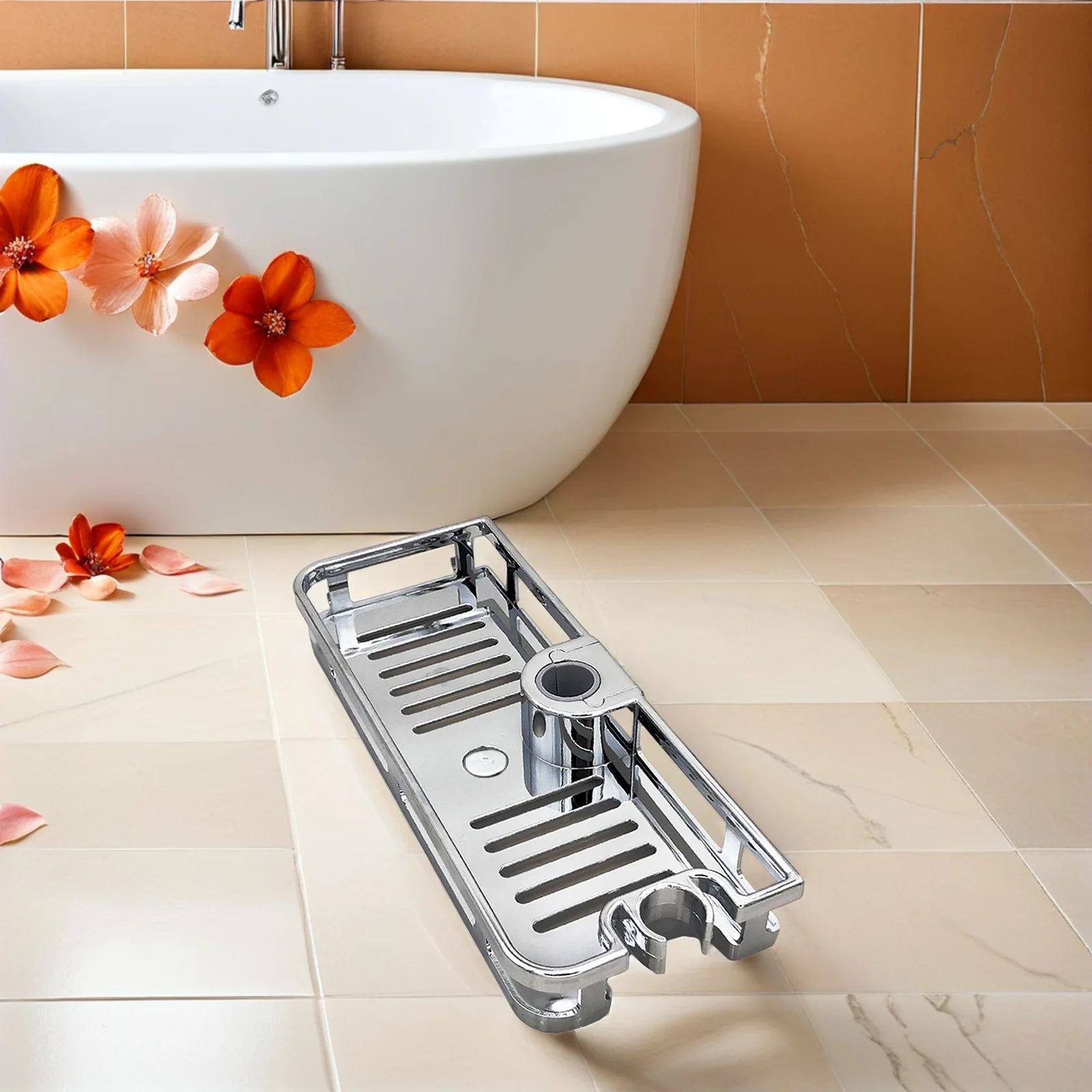 

Shower Pole Shelf For Slide Bar Adjustable Bathroom Organizer Premium Abs Toiletry Rack Drainable Shower Caddy Home