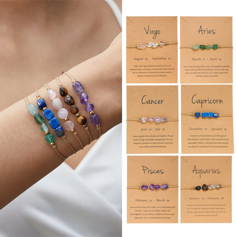 Fashion 12 Constellation Sign Natural Birth Stone Handmade Bracelet for Women Kids Aries Leo Braid Bracelet  Birthday Gift