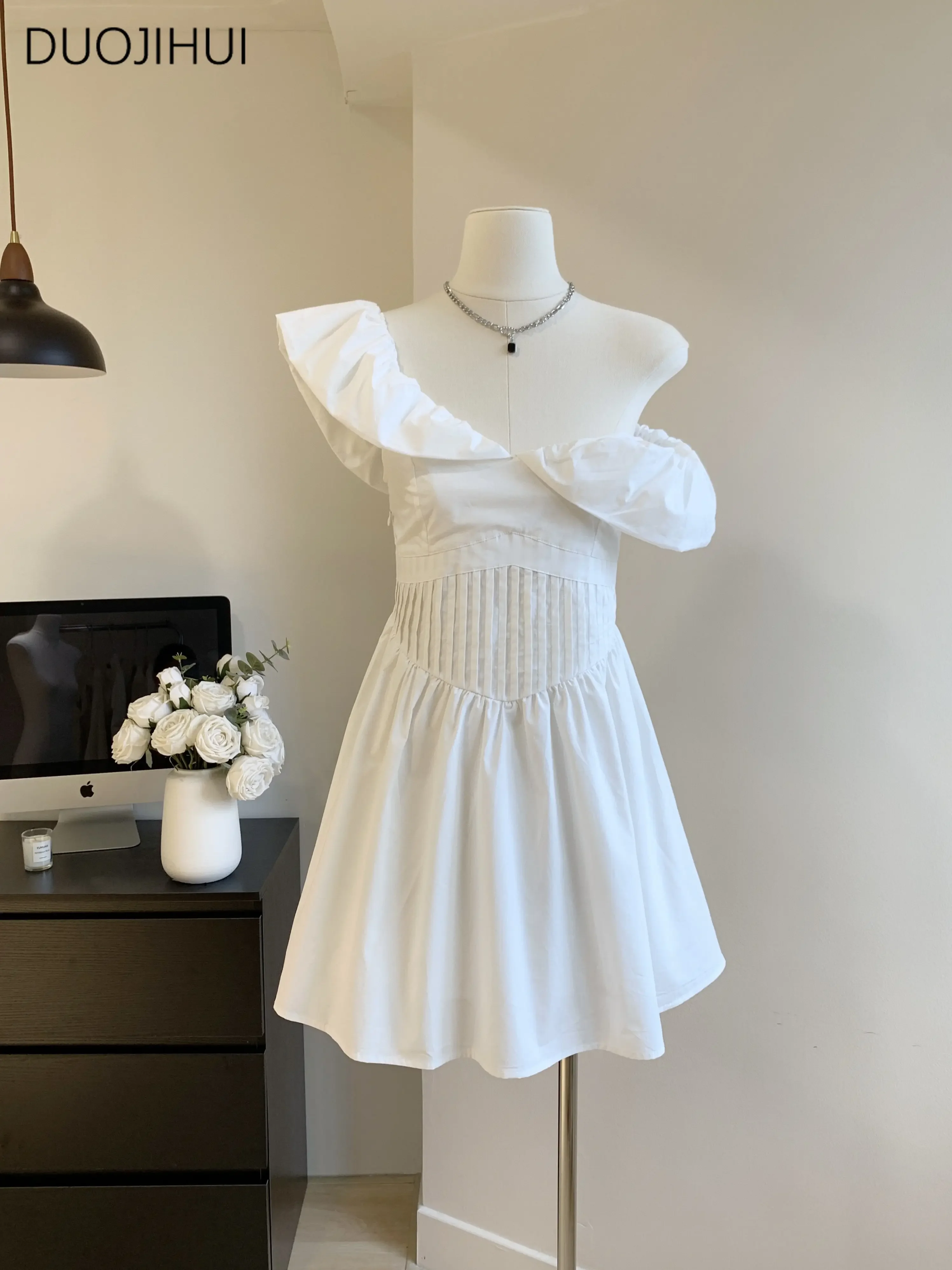 

DUOJIHUI White French Elegant Chic Slash Neck Female Dresses Summer New Pure Color Sweet Fashion Simple Casual Loose Women Dress