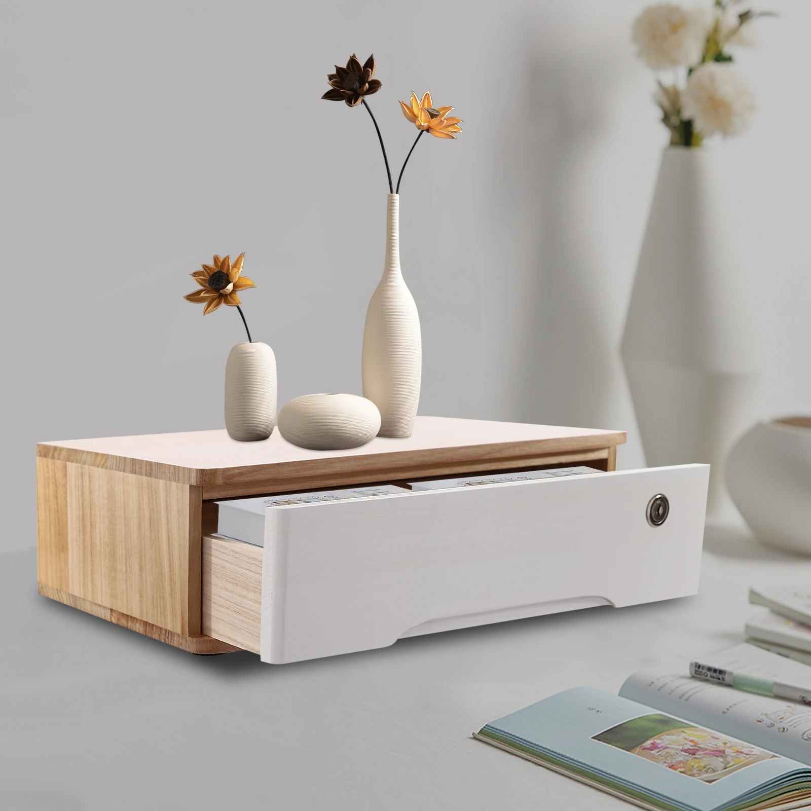 40*28*12cm Indoor Wood Desktop Storage Box Rectangular Office Supplies Drawer Organizer with Recessed Handle