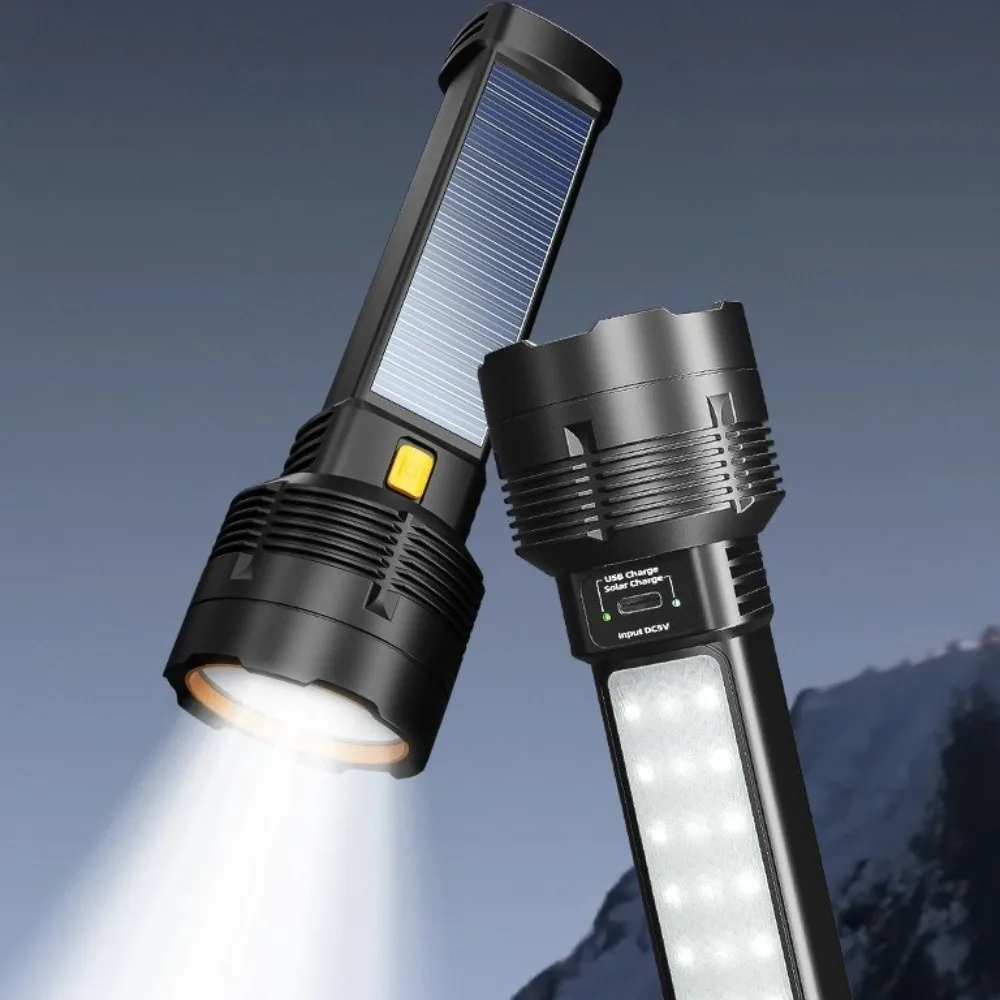 Ultra-Bright Solar Flashlight Focused Light COB Side Light LED Flashlight USB Rechargeable Long-Lasting Handheld Spotlight
