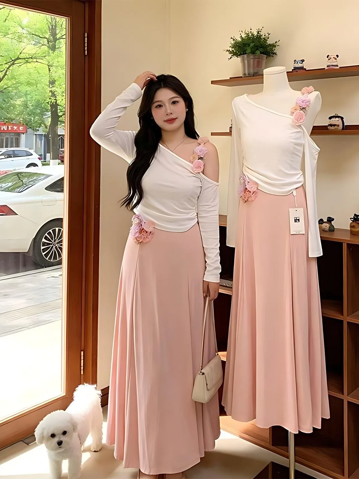 

Elegant Summer Thin Long Sleeve Women's Set Beautiful Floral Dress Two-Piece Suit High Waist A-Line Silhouette Korean Style