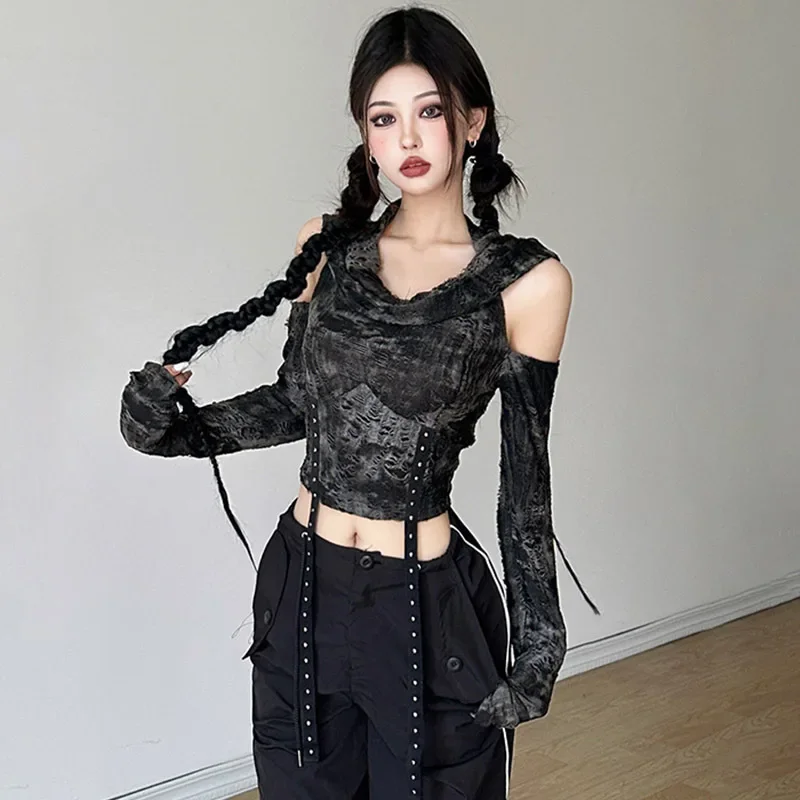 High-waisted Slimming Women's T-shirt Hooded Off-the-shoulder Long Sleeves Handmade Deconstructed Fashion Top Short Top