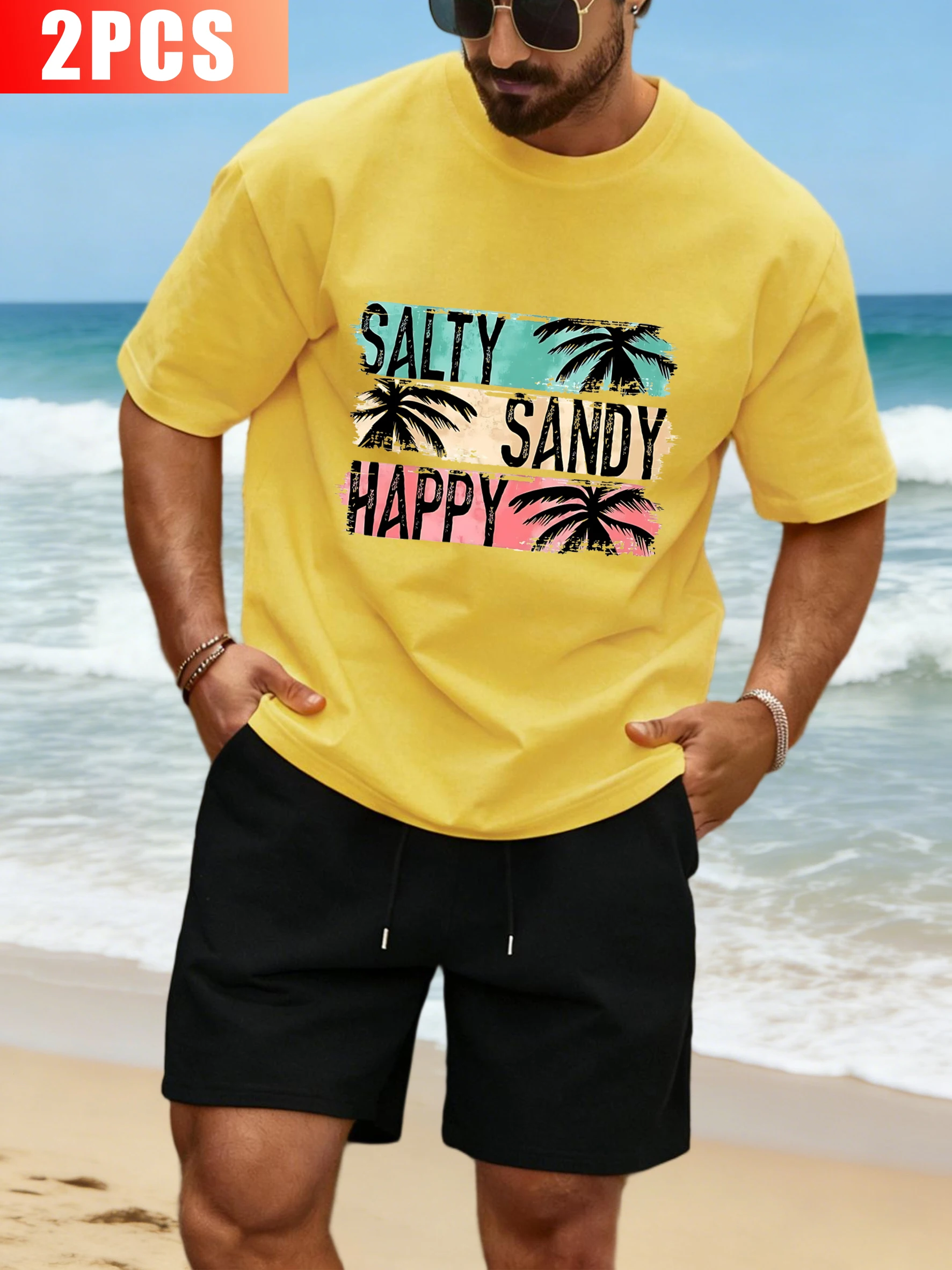 

Salty Sandy Happy Design Men Sportsuit Retro Fashion Cotton Tee Drawstring Wide-Leg Shorts Summer Unisex O-Neck Loose Top