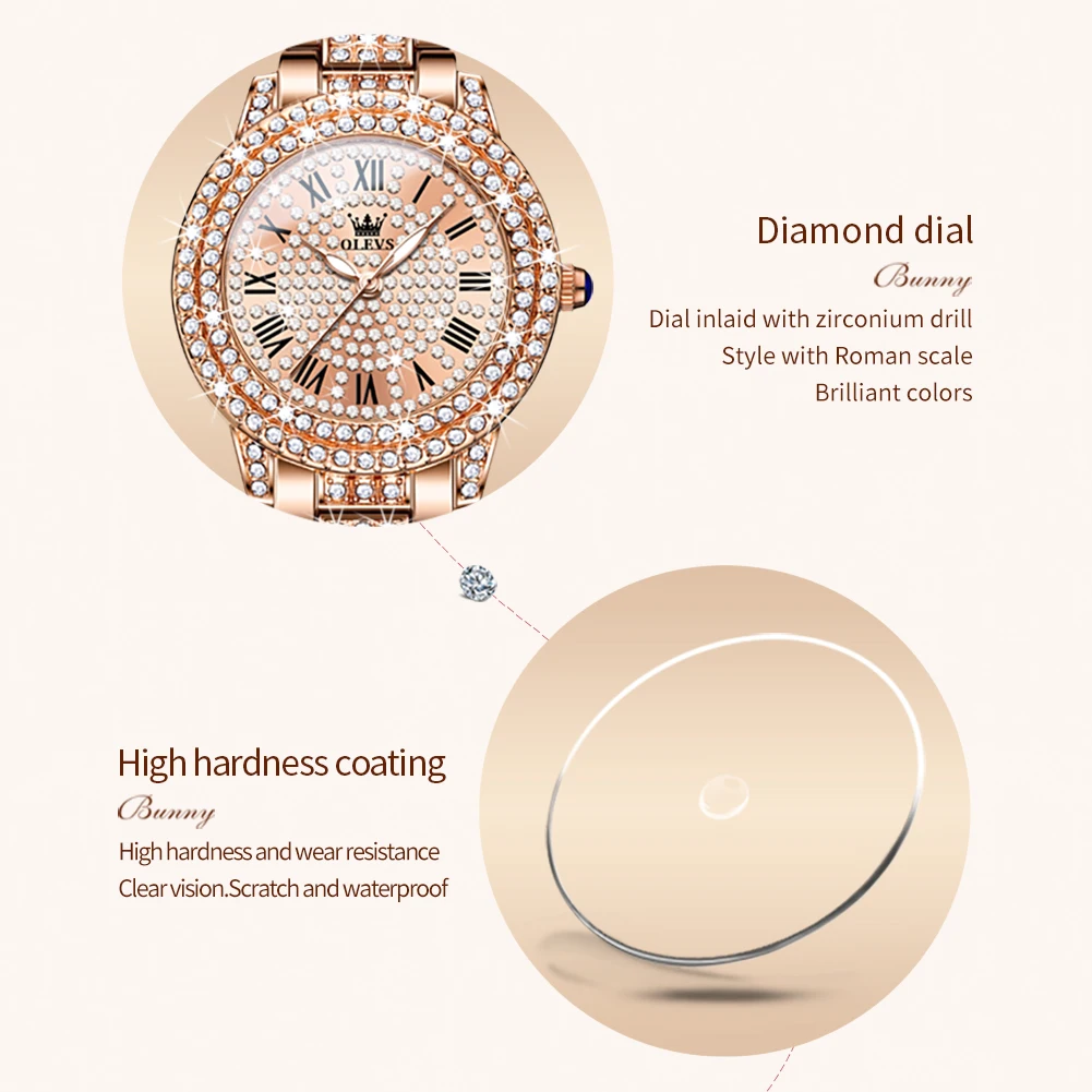 OLEVS 9943 Luxury All Diamond Original Quartz Watch for Women Elegant Rose Gold Stainless Steel Waterproof Ladies Wrist Watches