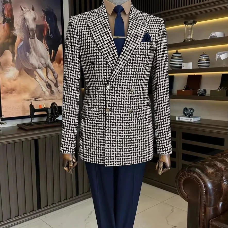 بدلات كلاسيكية بنقشة هاوندزتوث للرجال سترة مزدوجة الصدر منقوشة من التويد الصوفية ملابس رجالية بدلات العريس (معطف فقط)