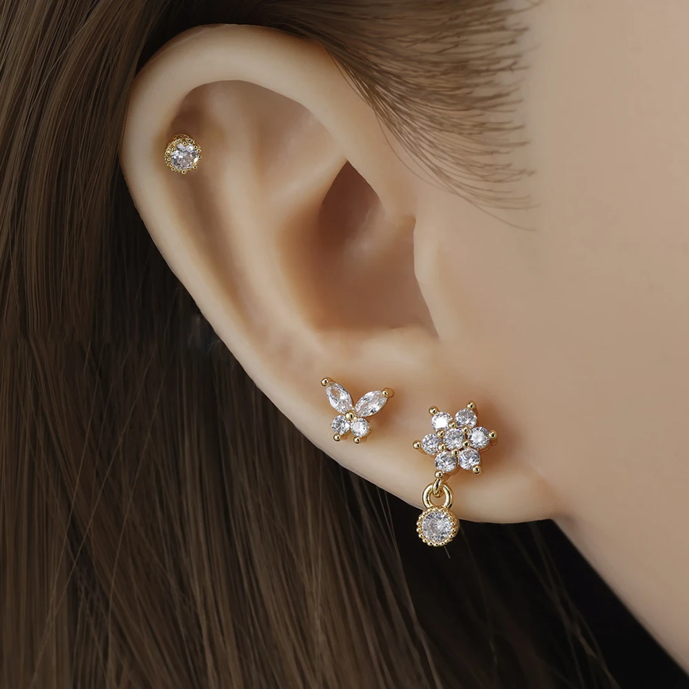 3PCS Schmetterling Blume Stud Ohrringe Intarsien Edelstahl Zirkon Spirale Für Frauen Mädchen Hochzeit Party Punk Edlen Schmuck Geschenk